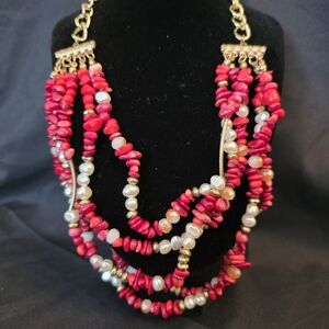 Multi-layered Vibrant Red Coral Beads/ Freshwater Pearls Necklace And Earrings
